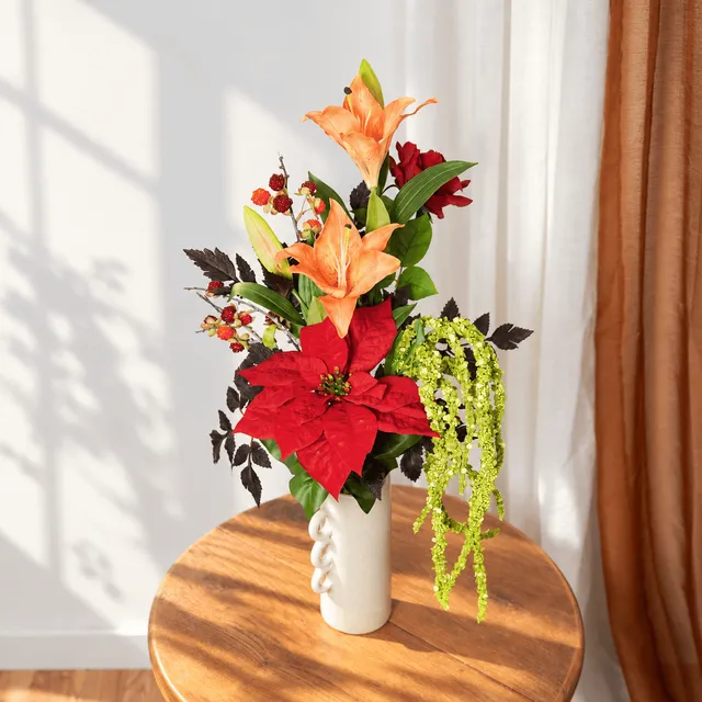 Flowrette Gabrielle bouquet artificiel rouge orange feuillage