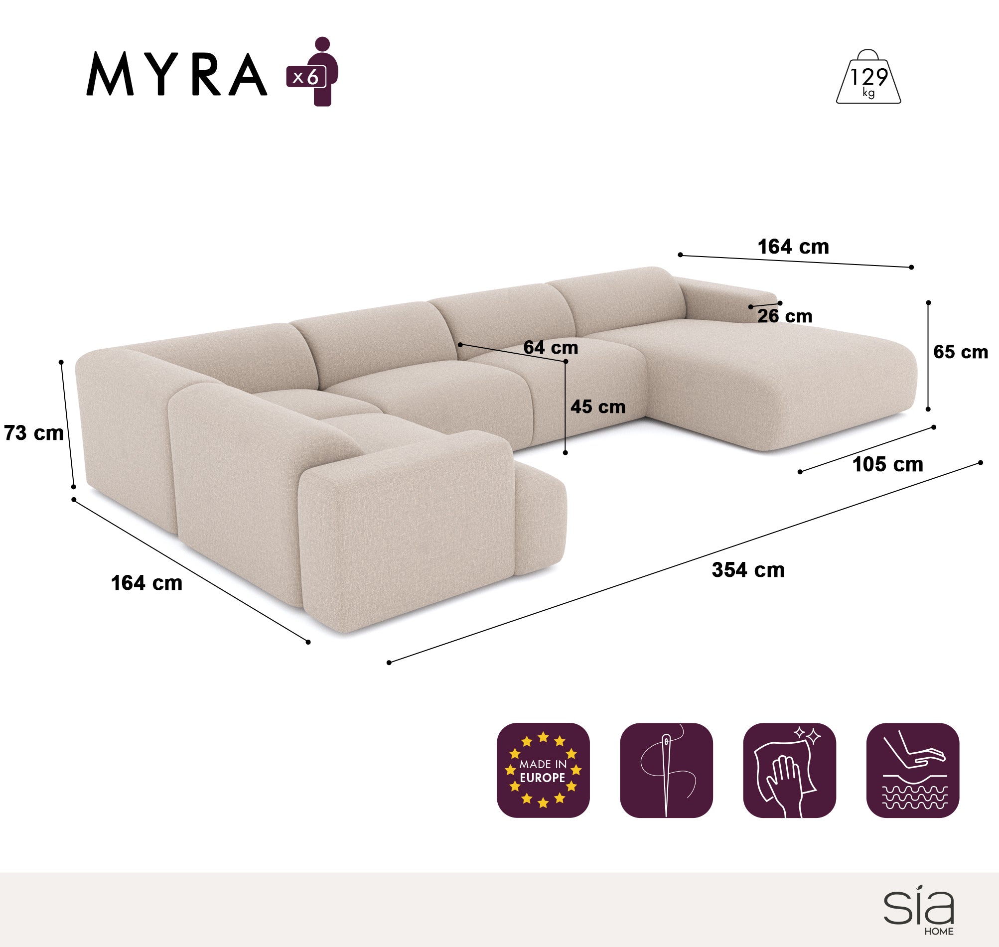 Sia Home Myra canapé panoramique angle droit crème 5 places