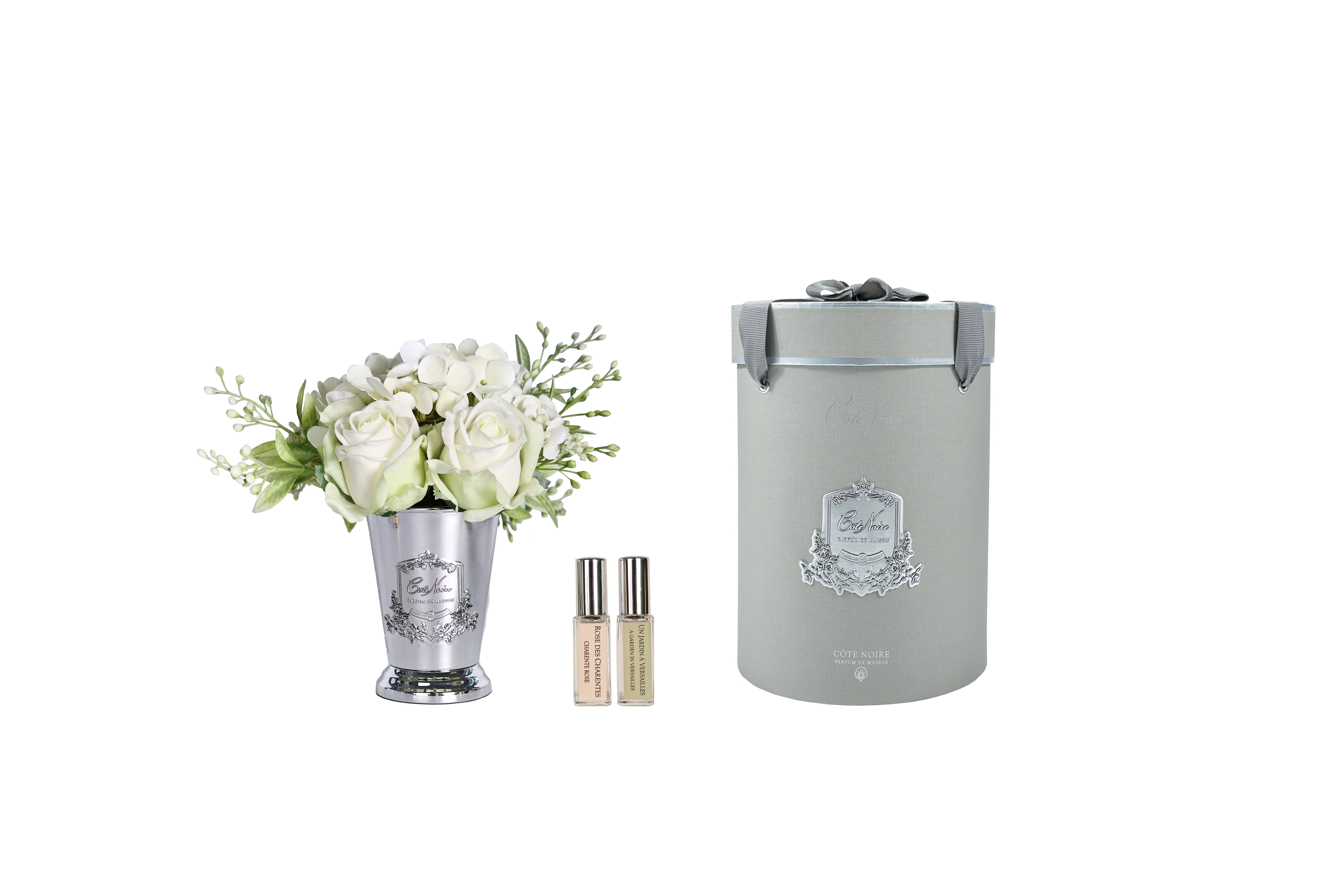 Côte Noire Summer Roses SPS01 bouquet vert vase argent