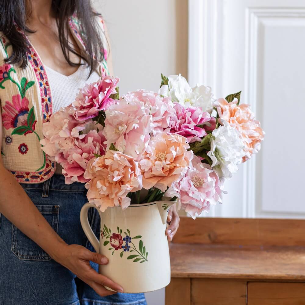 Flowrette Pivoine bouquet fleurs papier 13 tiges rose corail