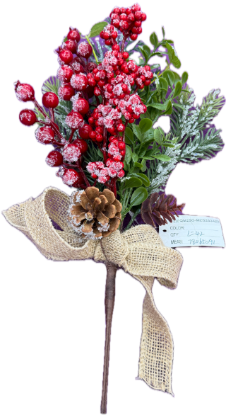 Feuillazur Rungis Saison Branche baies pin enneigé fleur 42cm rouge