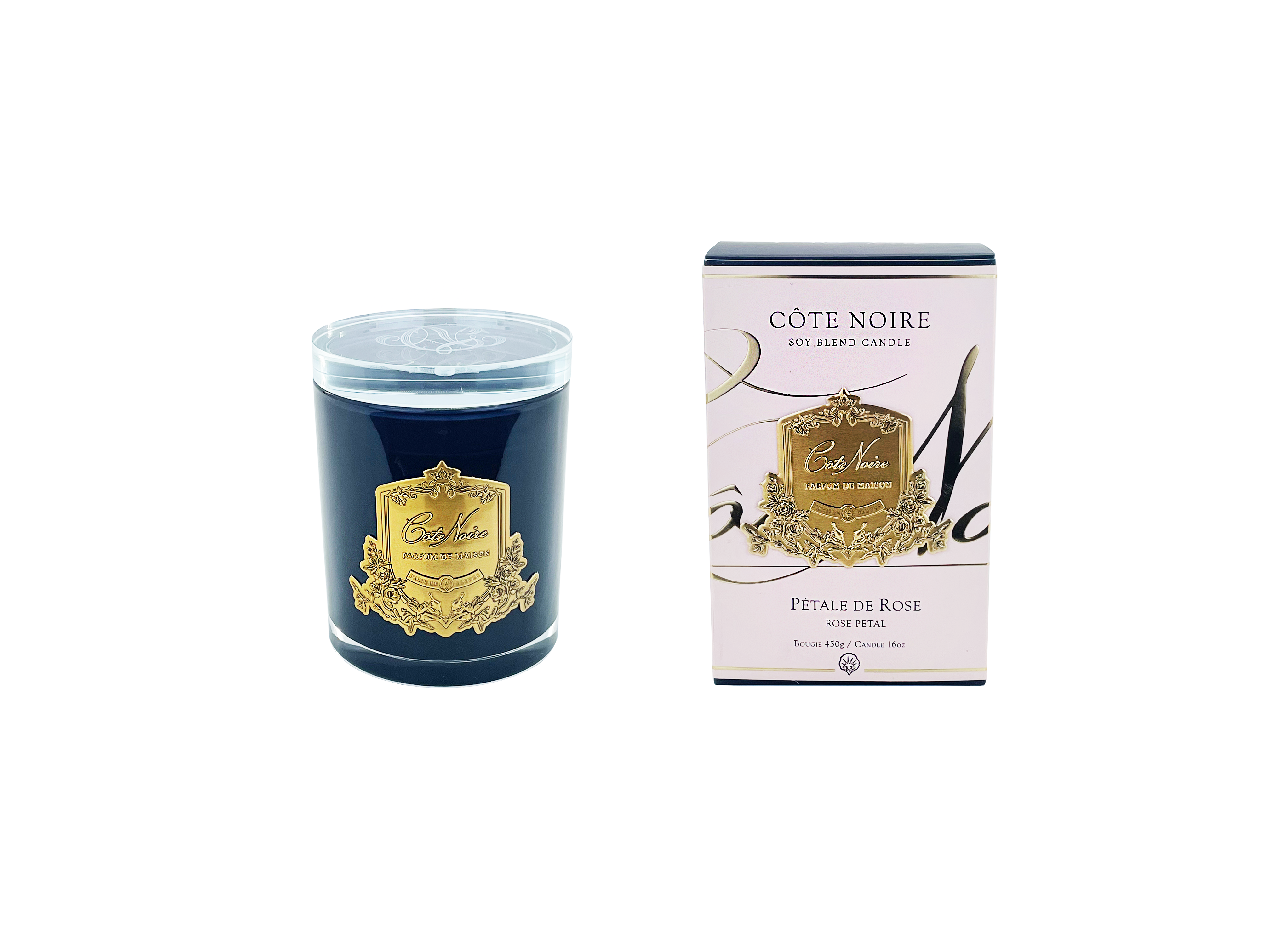 Côte Noire Soy Blend Candles bougie pétale de rose 450g verre noir