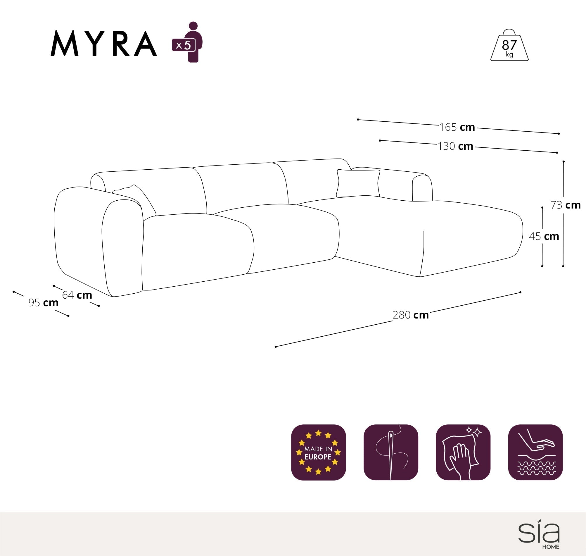 Sia Home Canapés Myra canapé angle droit crème 5 places