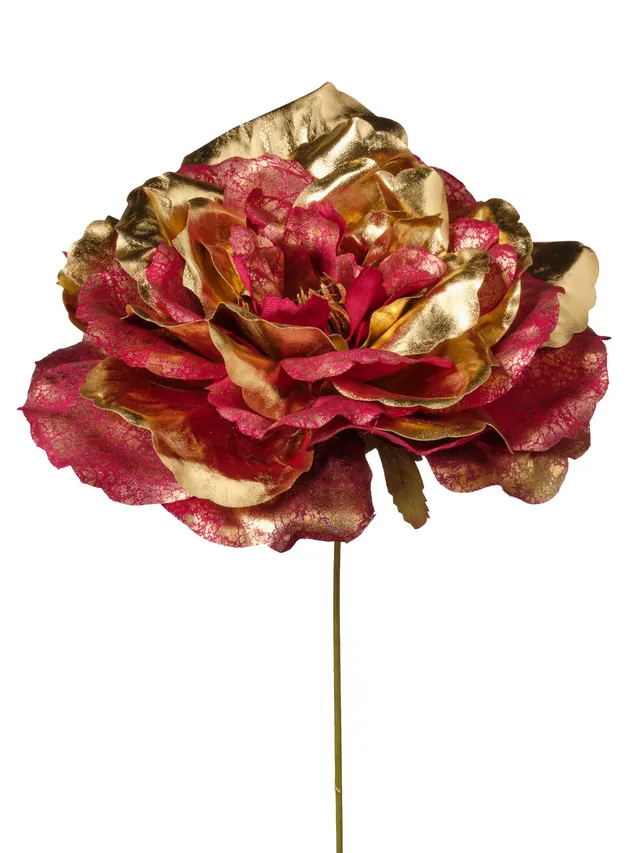 Feuillazur Rungis Rose métallique fleur Noël rouge tige 150cm