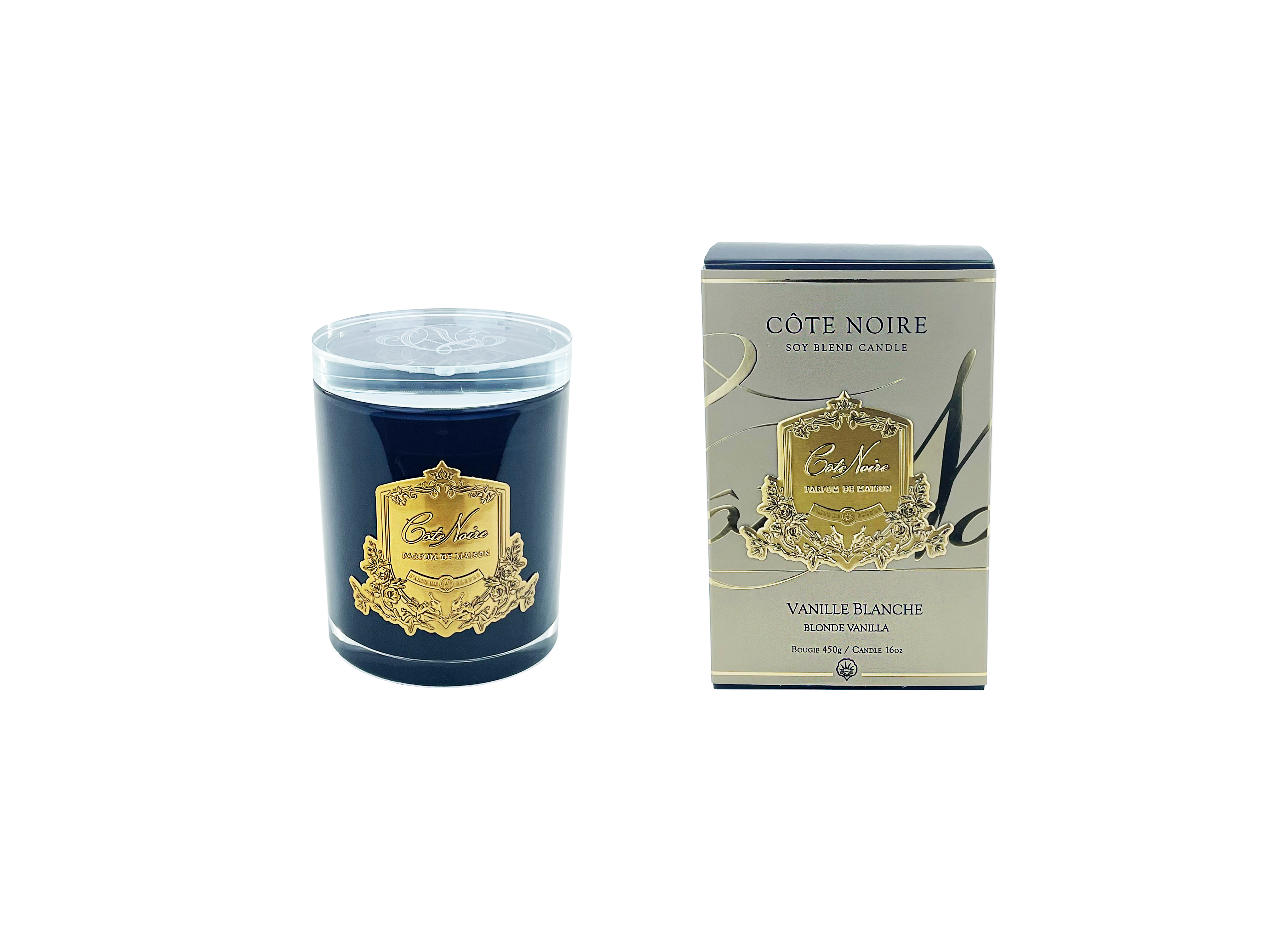 Côte Noire bougie vanille blanche soja 450g verre noir