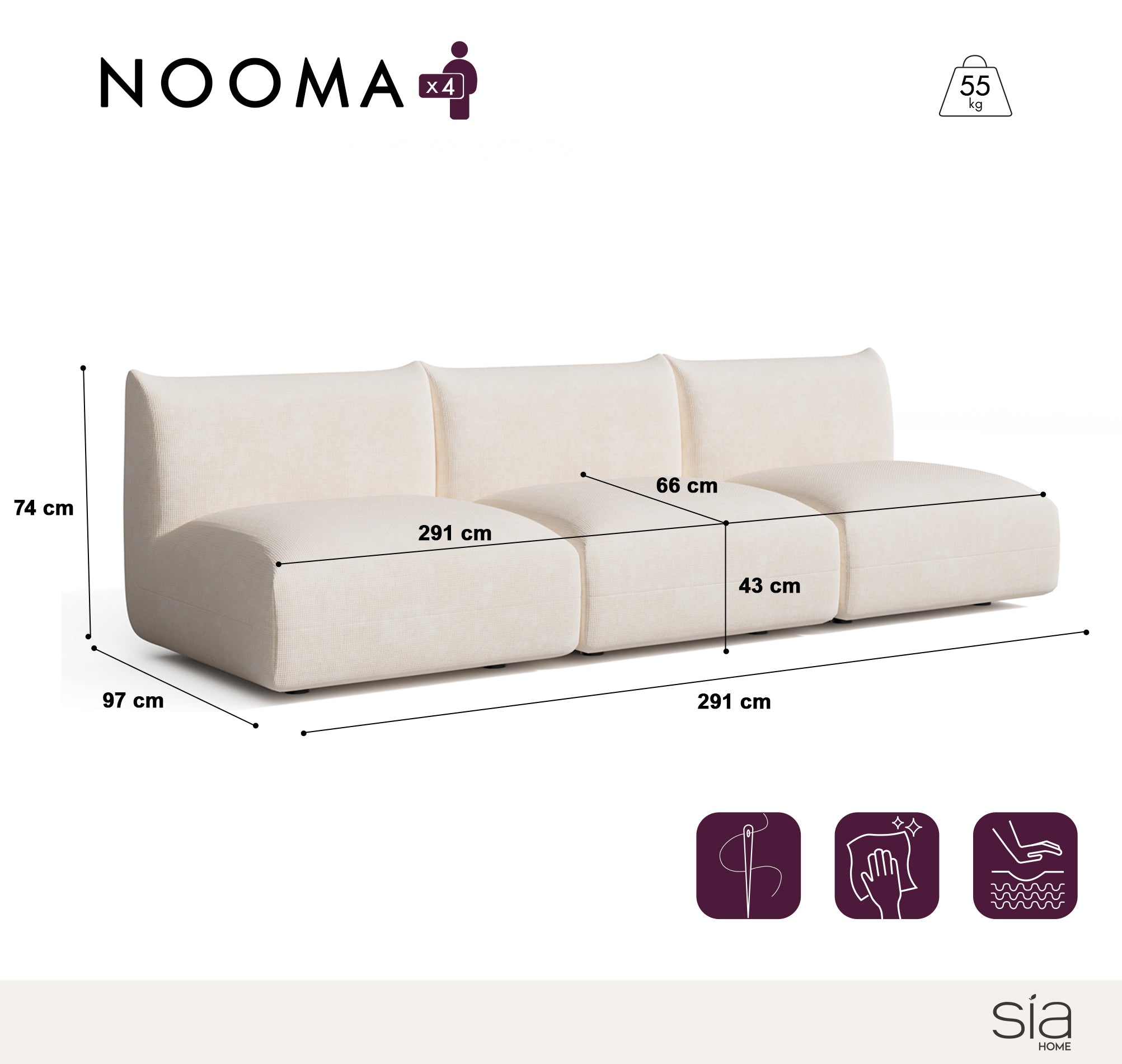 Sia Home Nooma canapé modulable 4-5 places 291 cm