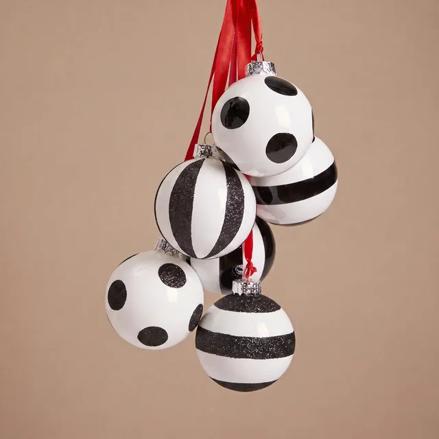 Sia Home Graphiques boules de Noël 6 cm lot 6 noir blanc verre