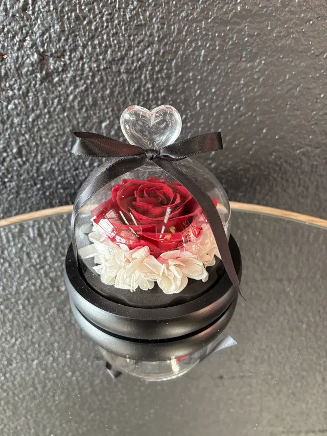 Feuillazur Rungis rose sur nid sous cloche fleur stabilisée rouge