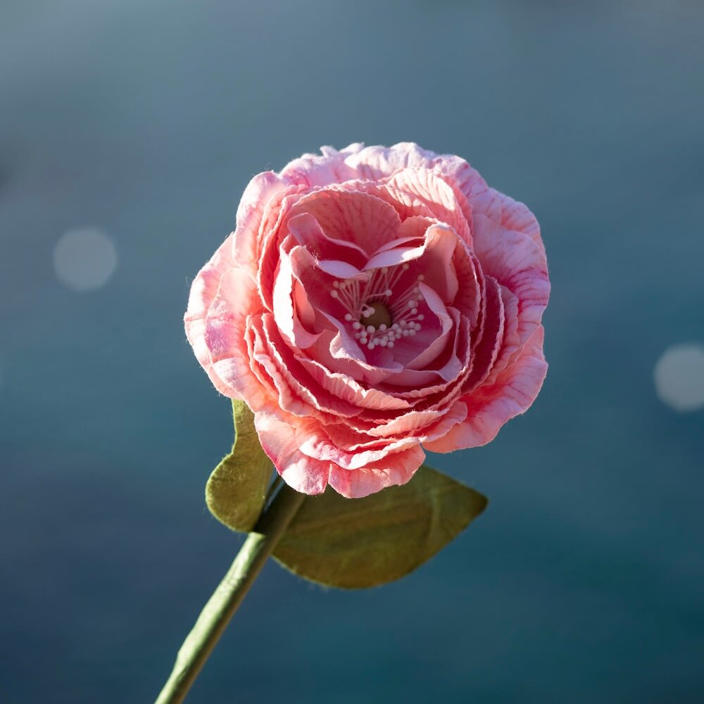 Flowrette Camélia fleur en papier rose pâle x1 éternelle