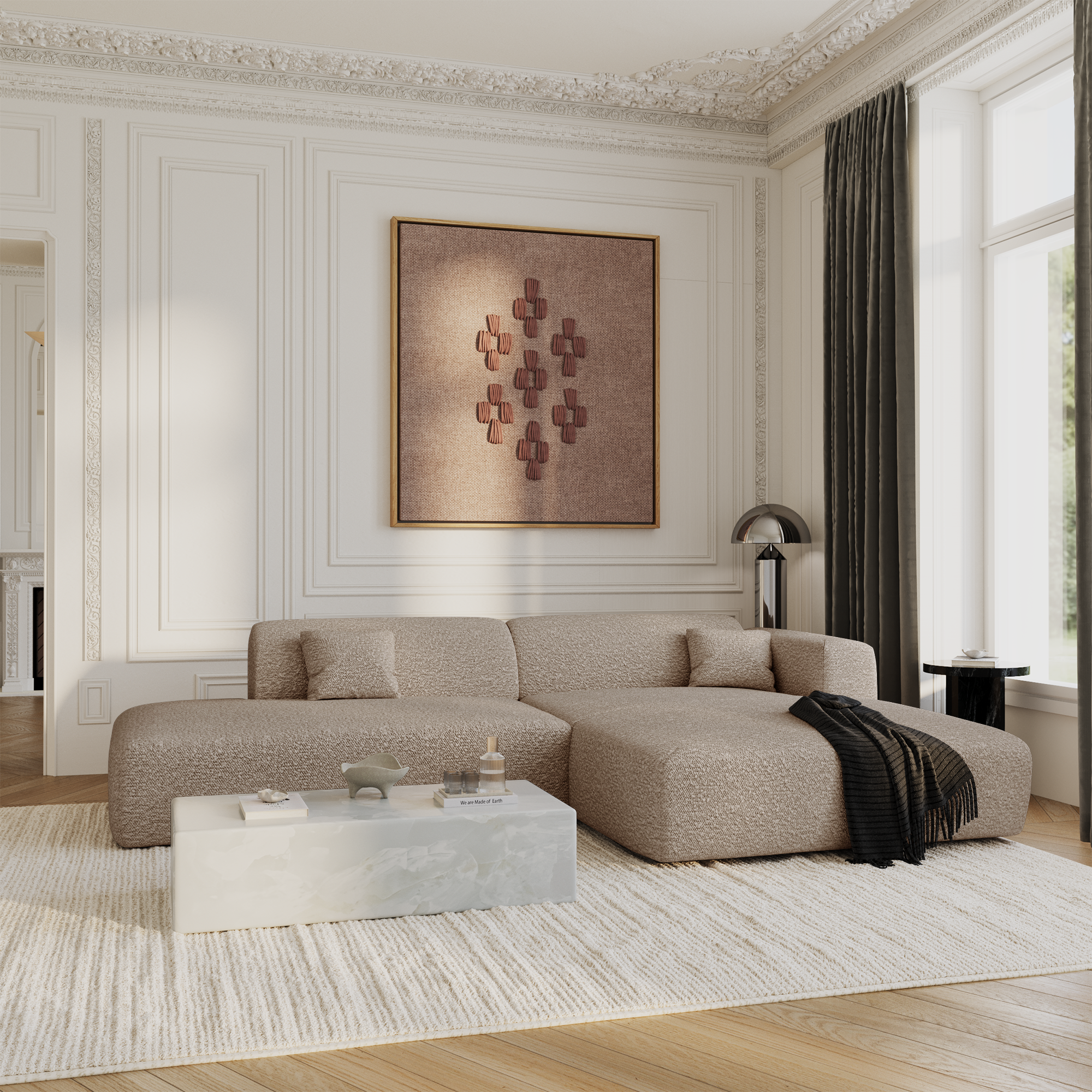 Sia MYRA canapé angle droit 5 places crème tissu