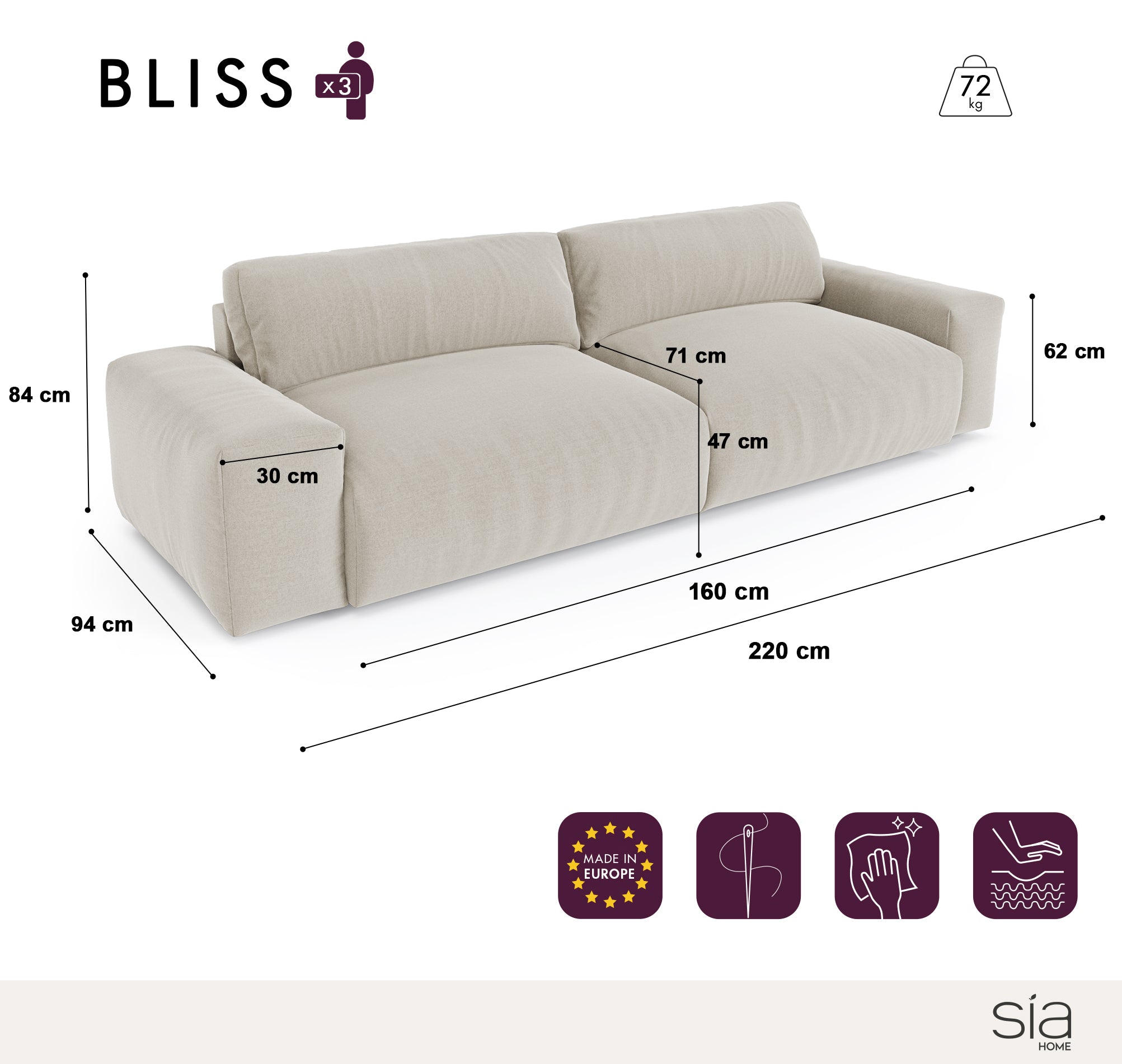 Sia Home Bliss canapé droit beige 5 places assise confort