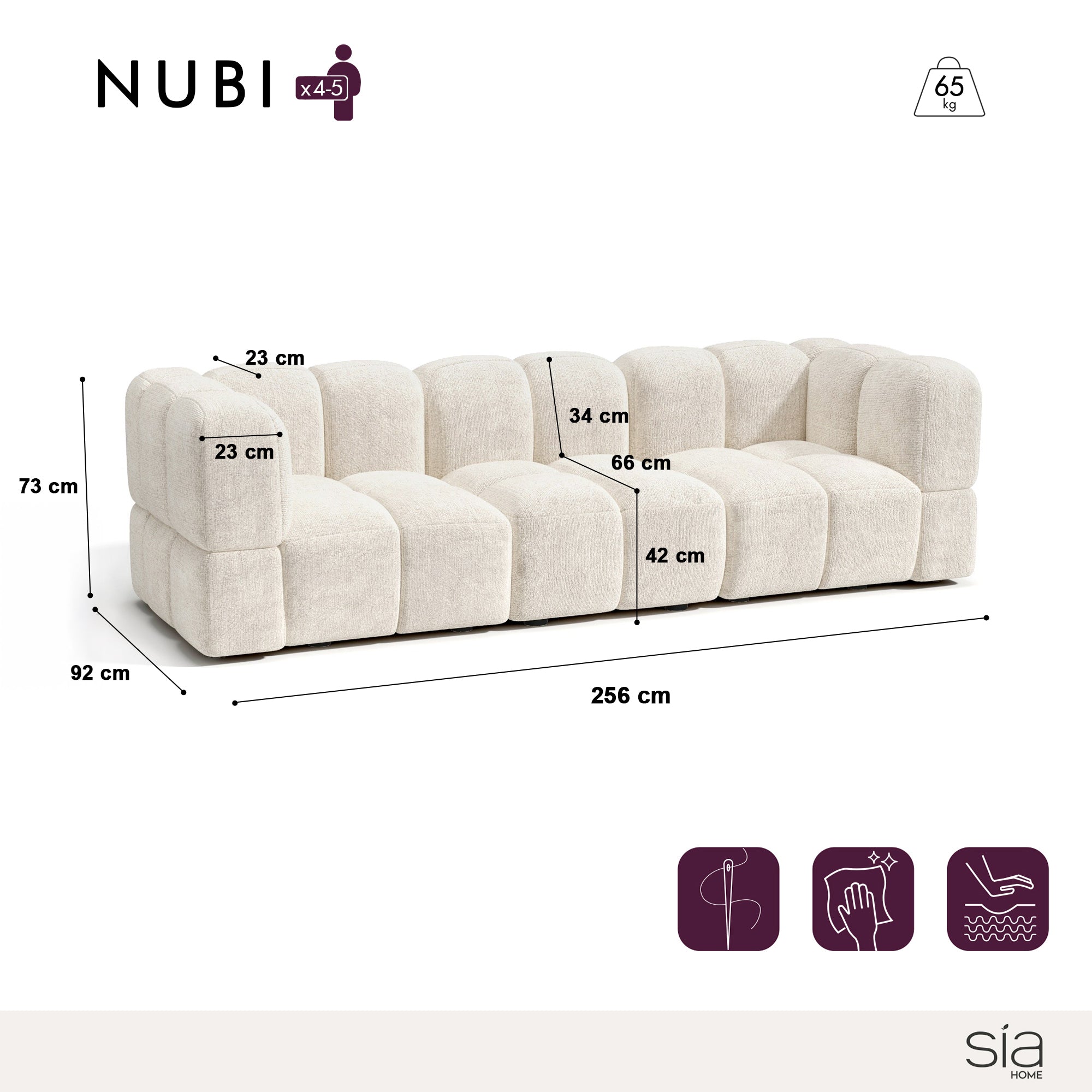 Sia NUBI 256 cm canapé modulable 4 places tissu bombé
