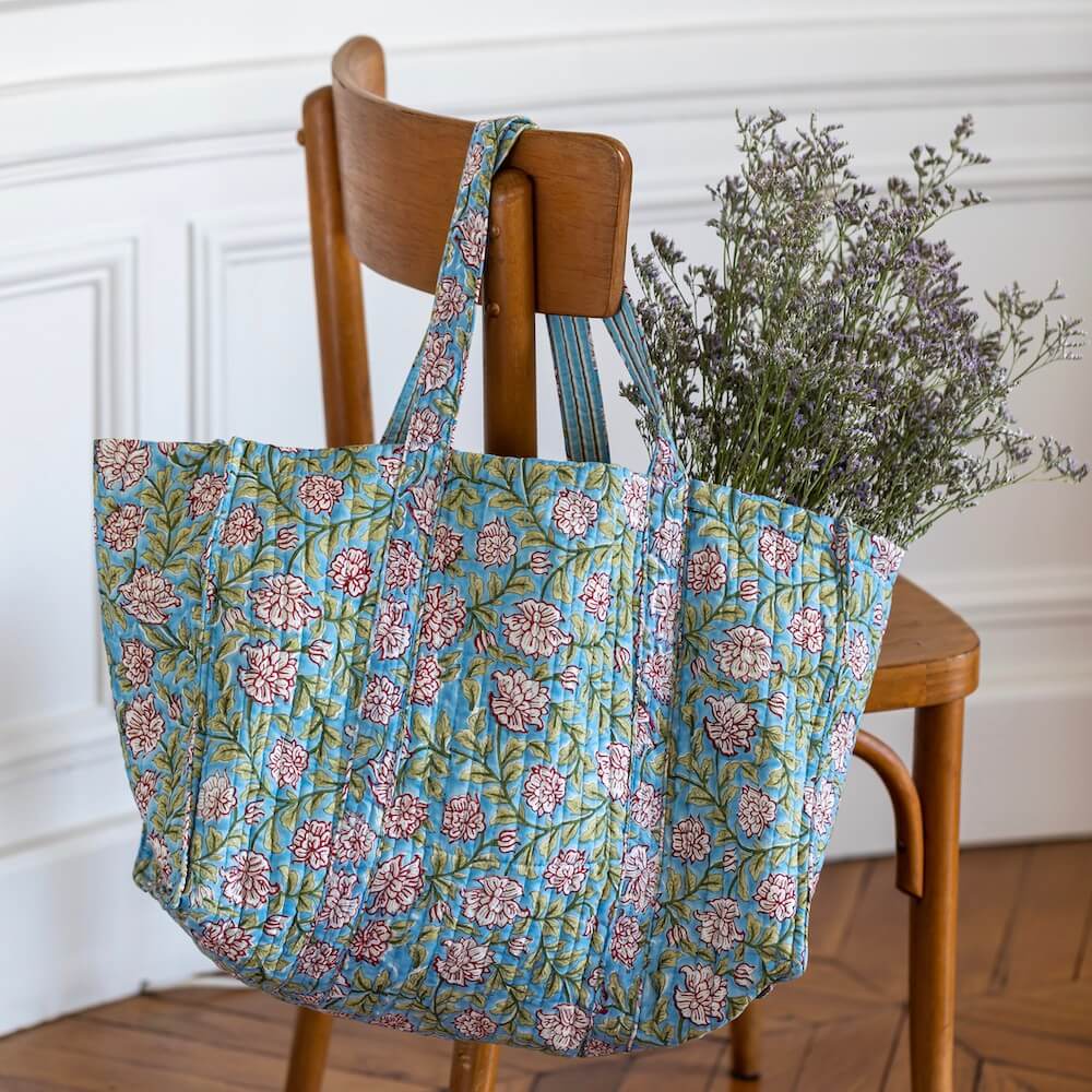 Flowrette Jodphur cabas coton bleu fleurs réversible