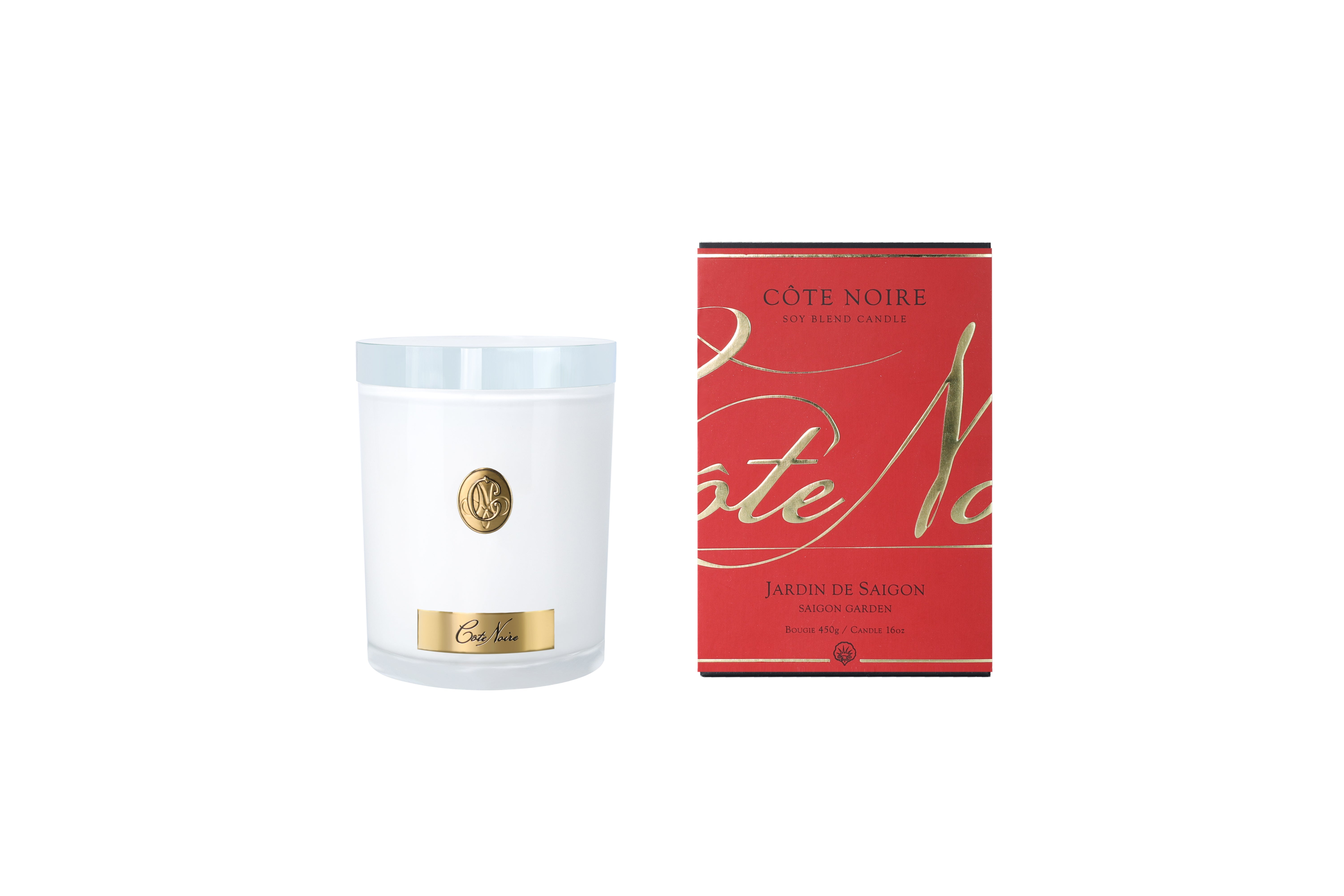 Côte Noire Soy Blend bougie soja 450 g Saigon Garden blanche badge or