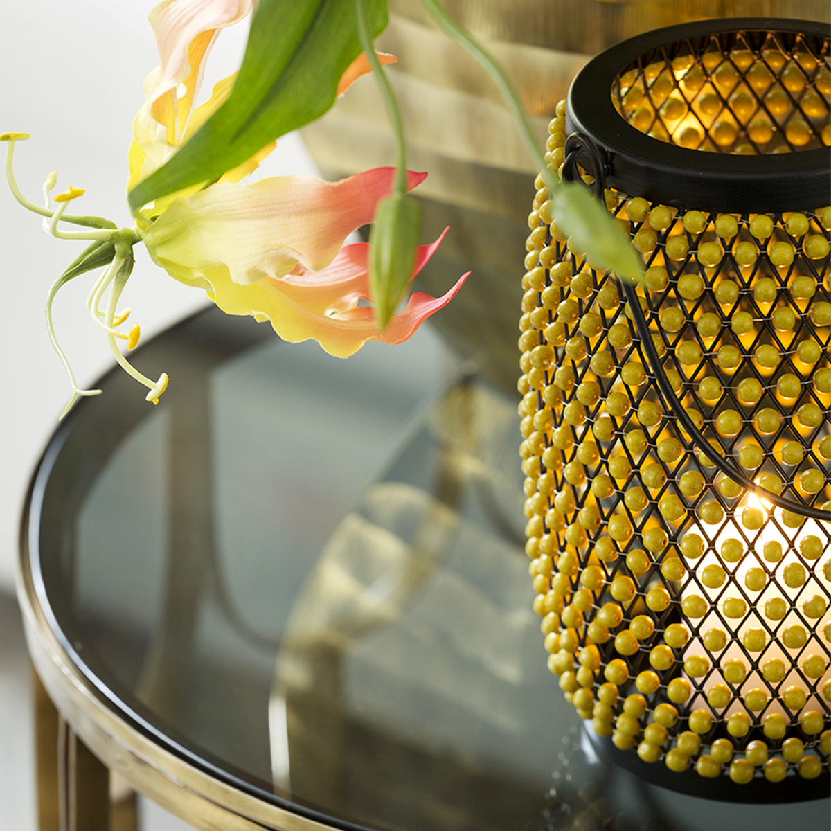 Sia Chile lanterne métal jaune 19 cm perles verre