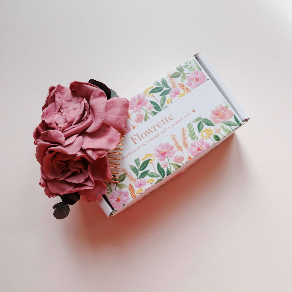 Flowrette Garance peigne mariage fleurs stabilisées rose blanc
