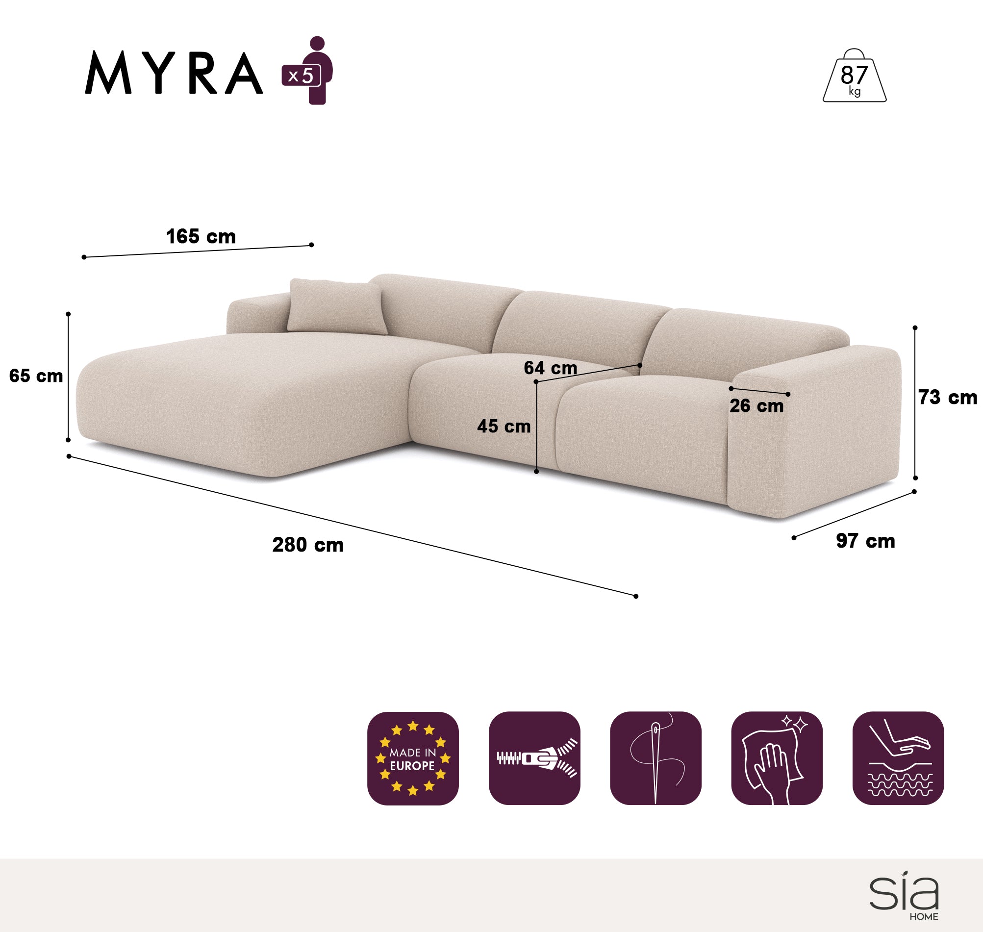 Sia Home Myra canapé angle gauche crème 5 places arrondi