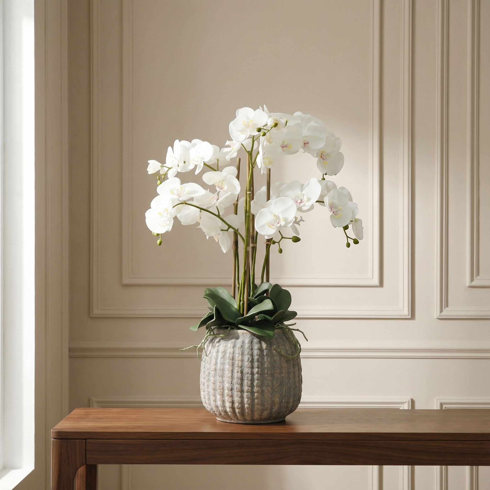 Sia Home Orchidée artificielle blanche 75 cm vase gris