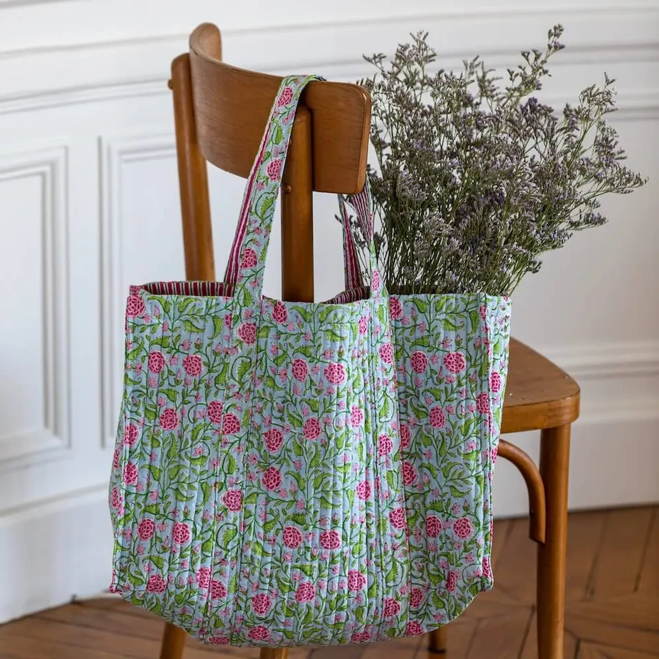 Flowrette Morena cabas coton réversible bleu fleuri