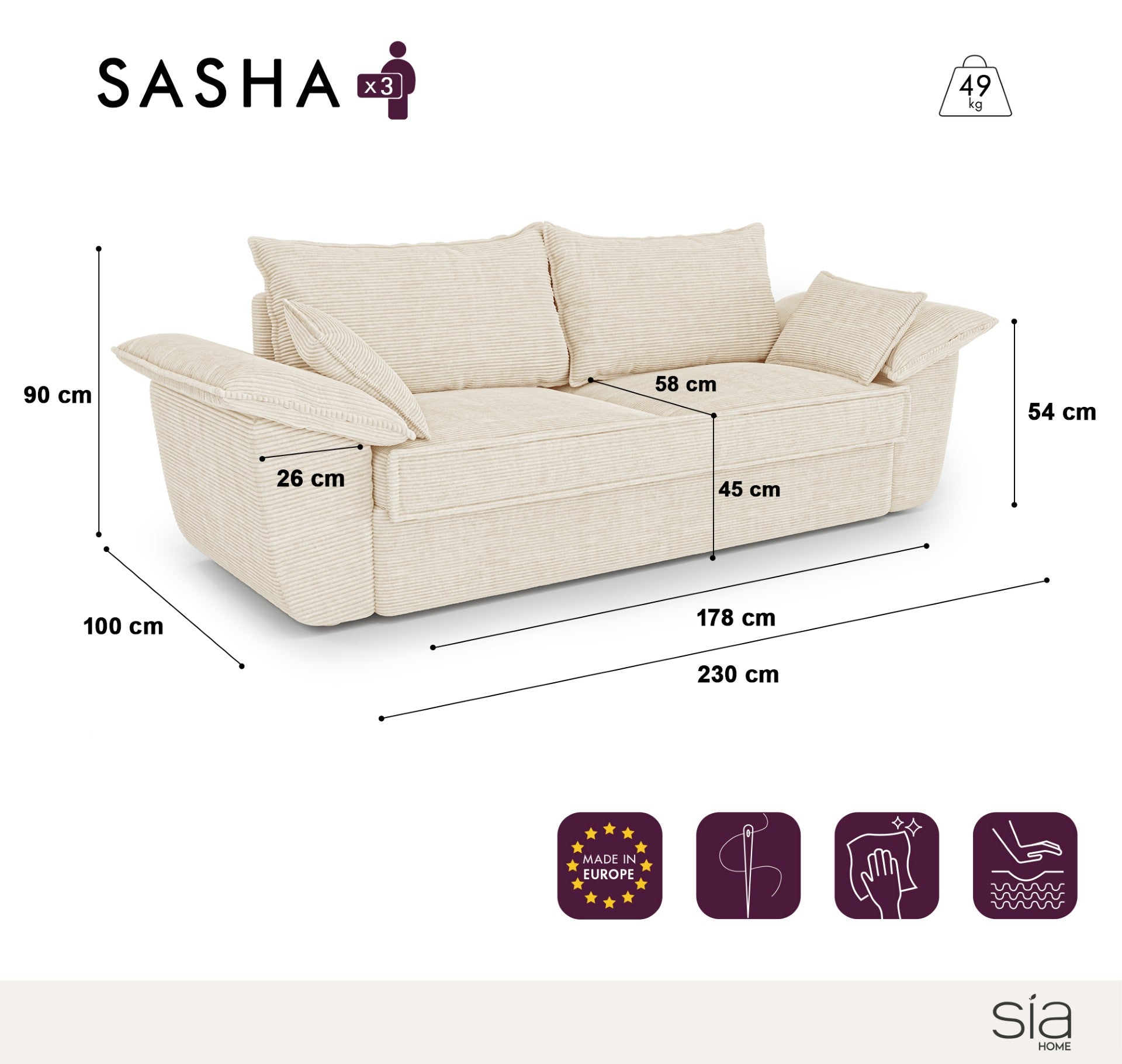 Sia Home Sasha canapé droit crème confort enveloppant