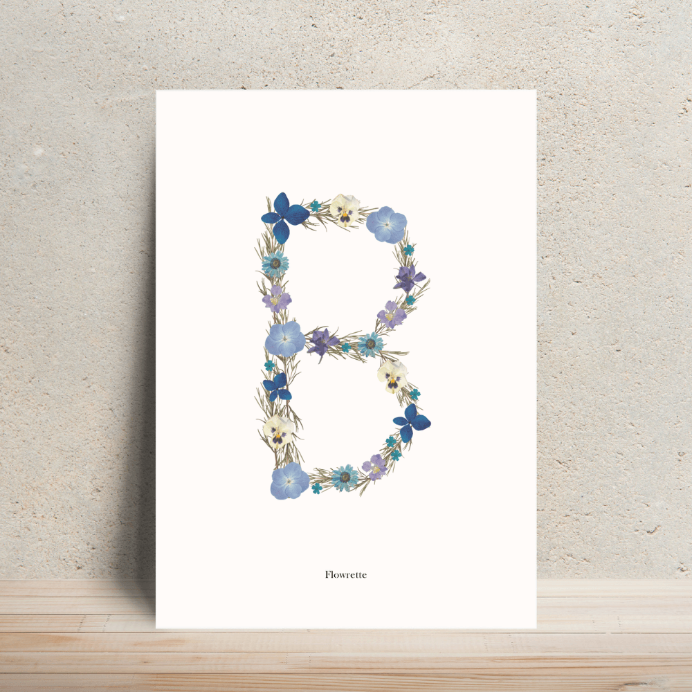 Flowrette affiche A4 herbier lettre bleue dessin floral
