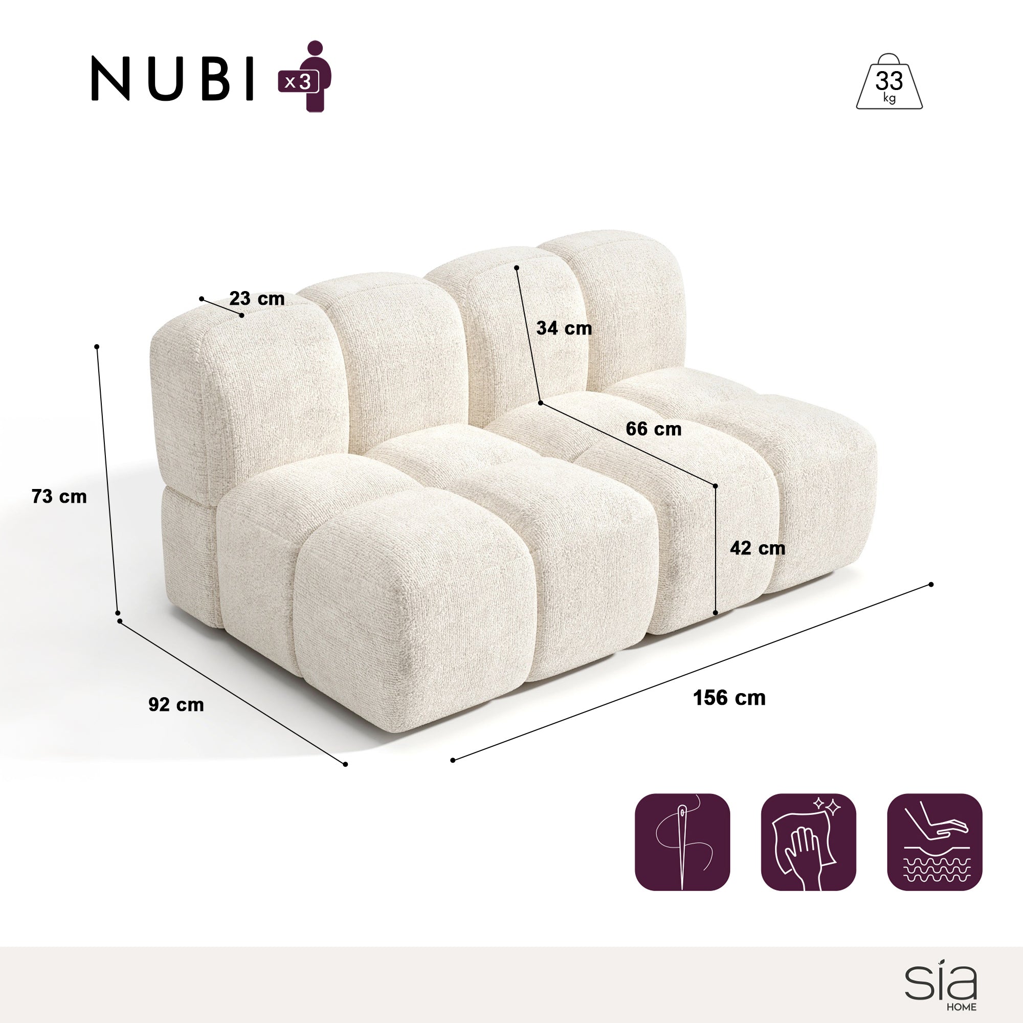 Sia Home NUBI 156 cm canapé modulable mousse ressorts