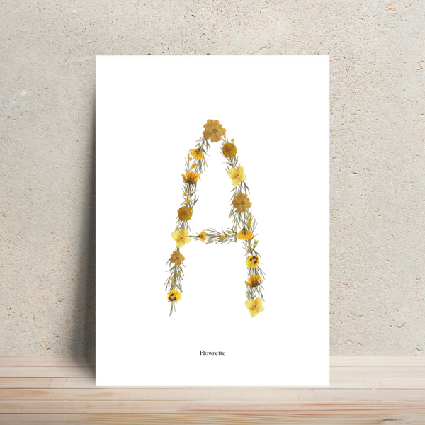 Flowrette Affiche lettre herbier A4 jaune fleur dessin imprimé