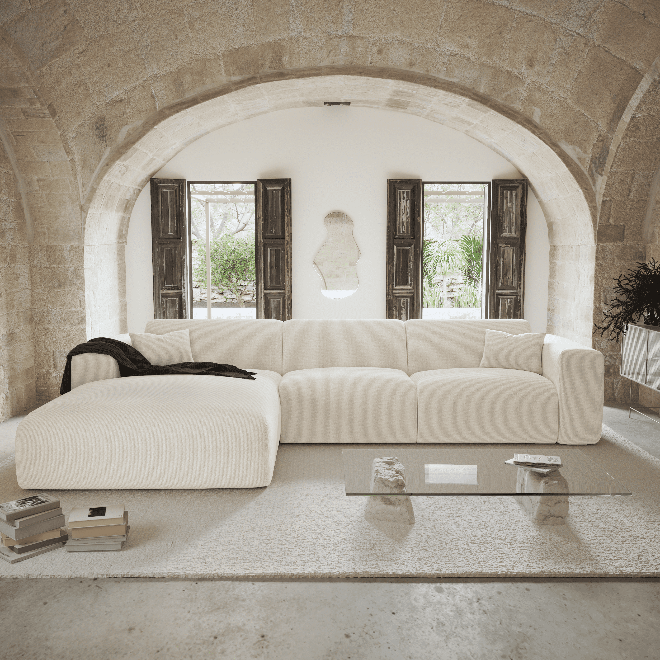 Sia Myra canapé angle gauche convertible crème 5 places