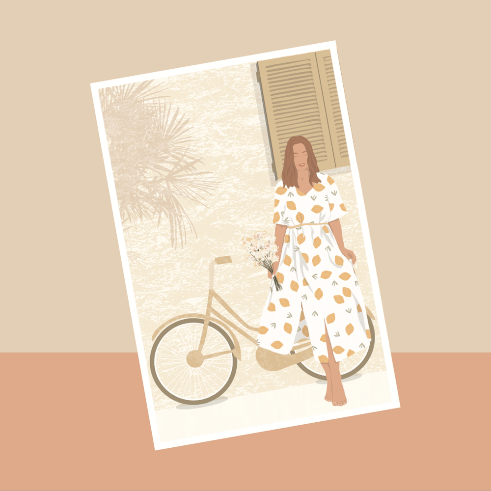 Flowrette Décoration Carte Femme au Vélo pastel