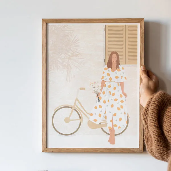 Flowrette Femme à Vélo affiche illustrée pastel
