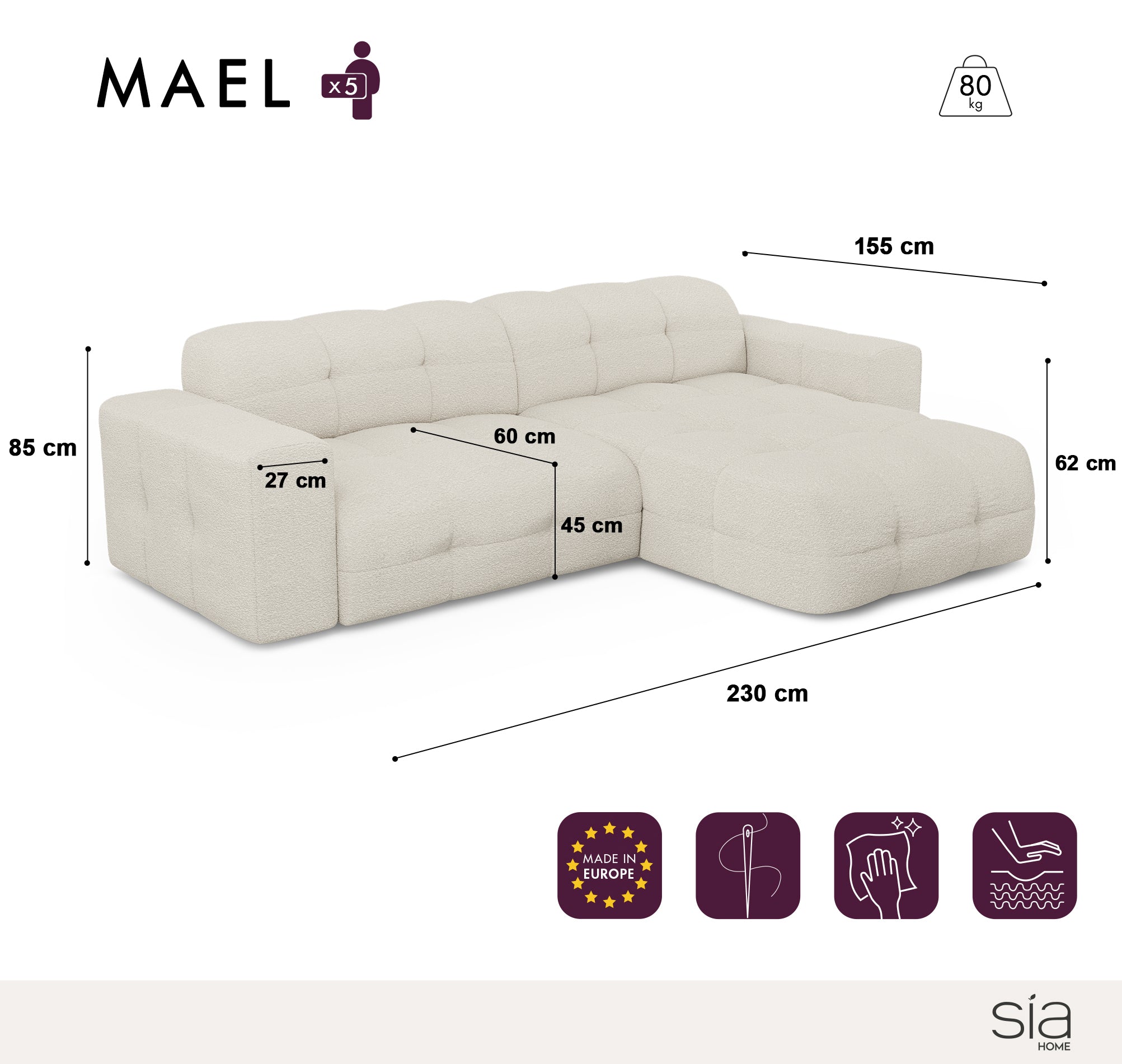 Sia Canapés Mael canapé angle droit crème