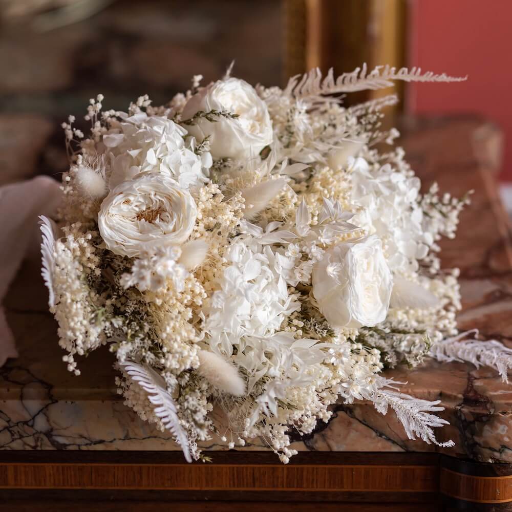 Flowrette Louise bouquet mariée fleurs séchées ruban lin