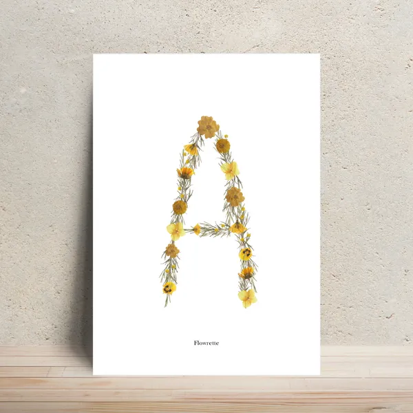 Flowrette Affiche lettre herbier A4 jaune fleur dessin imprimé