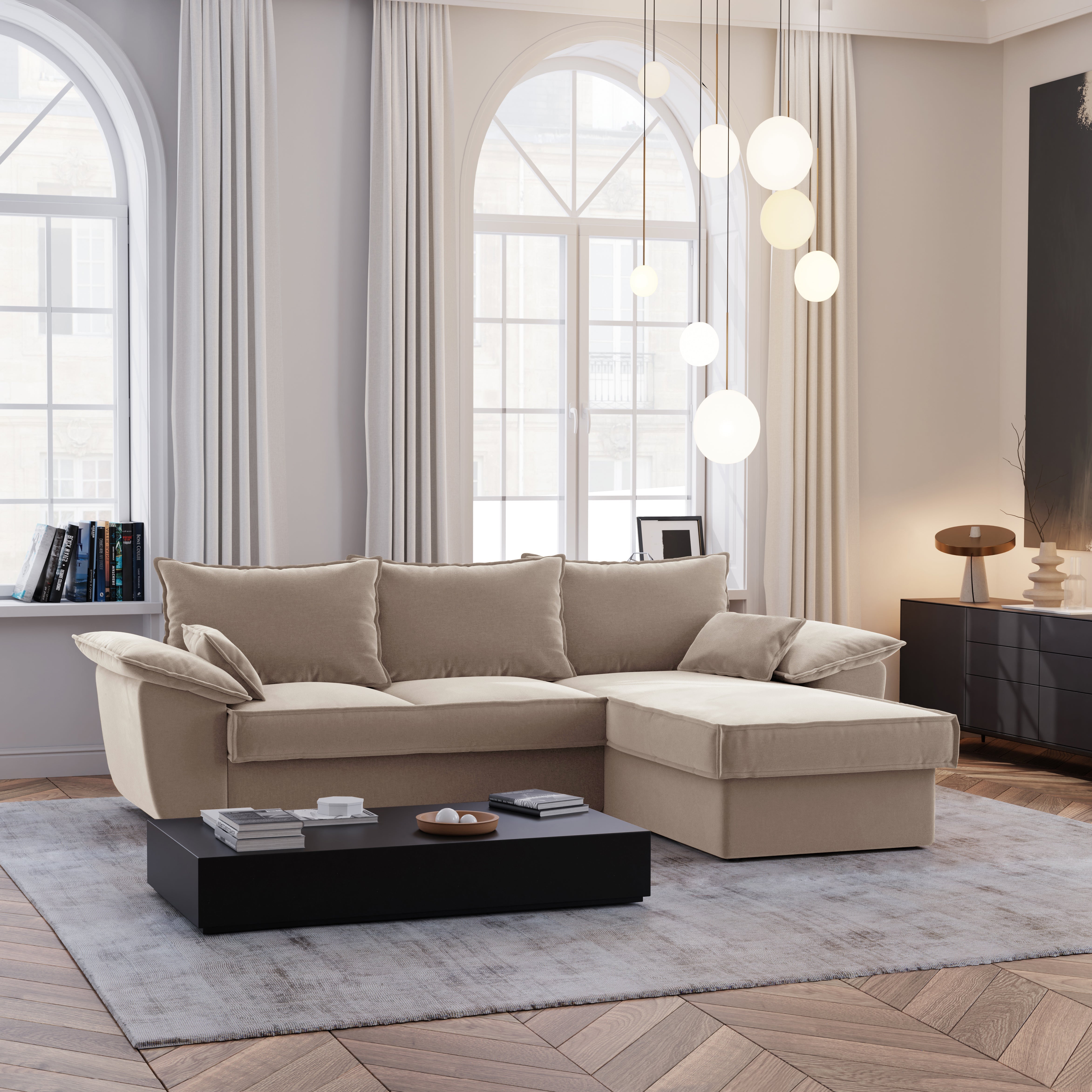 Sia Sasha canapé convertible angle droit beige coffre