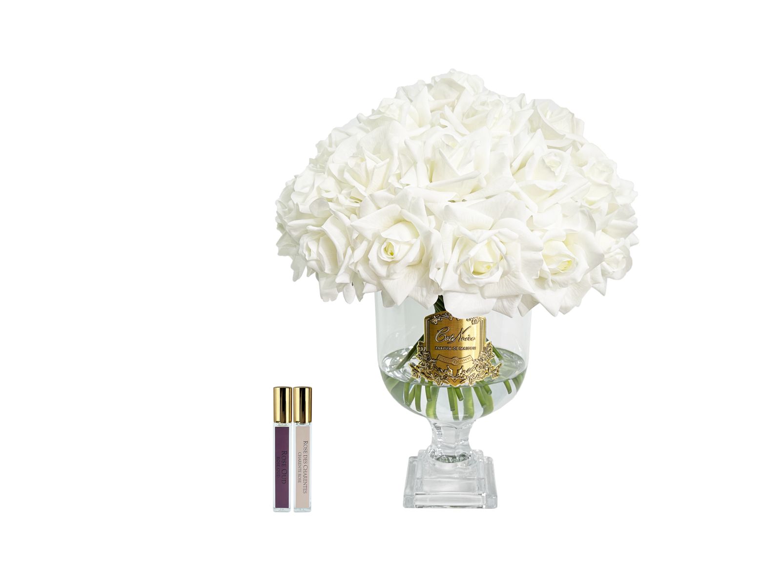 Côte Noire Versailles VRB11 bouquet 31 roses blanches vase or