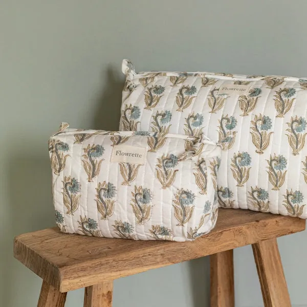 Flowrette Delhi trousse coton block-print crème bleu vert