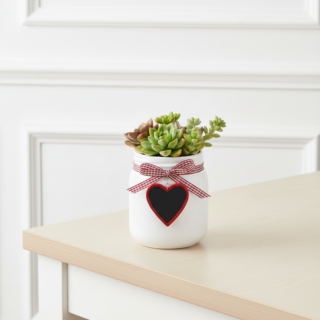Sia Home Coeur cache-pot argile blanc 14 cm ruban vichy