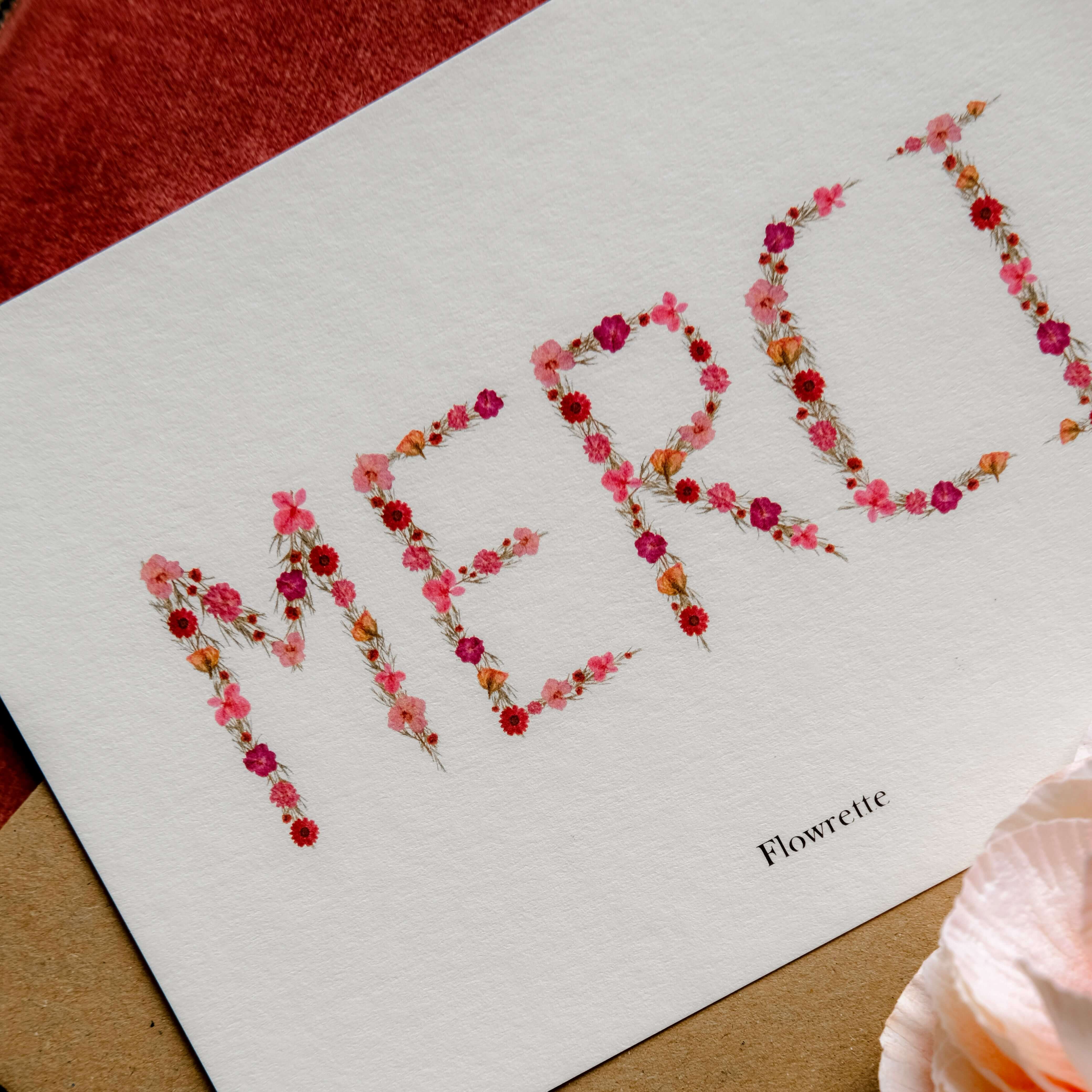 Flowrette Merci carte postale remerciement + enveloppe kraft
