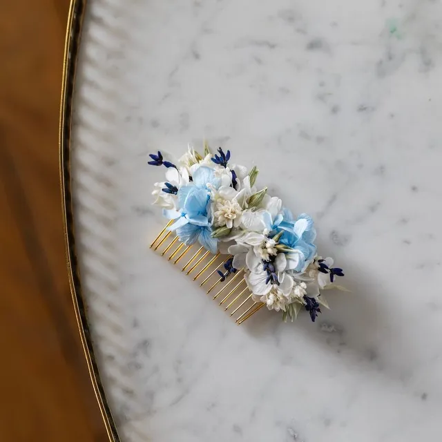 Flowrette Camille peigne mariage fleurs séchées bleu