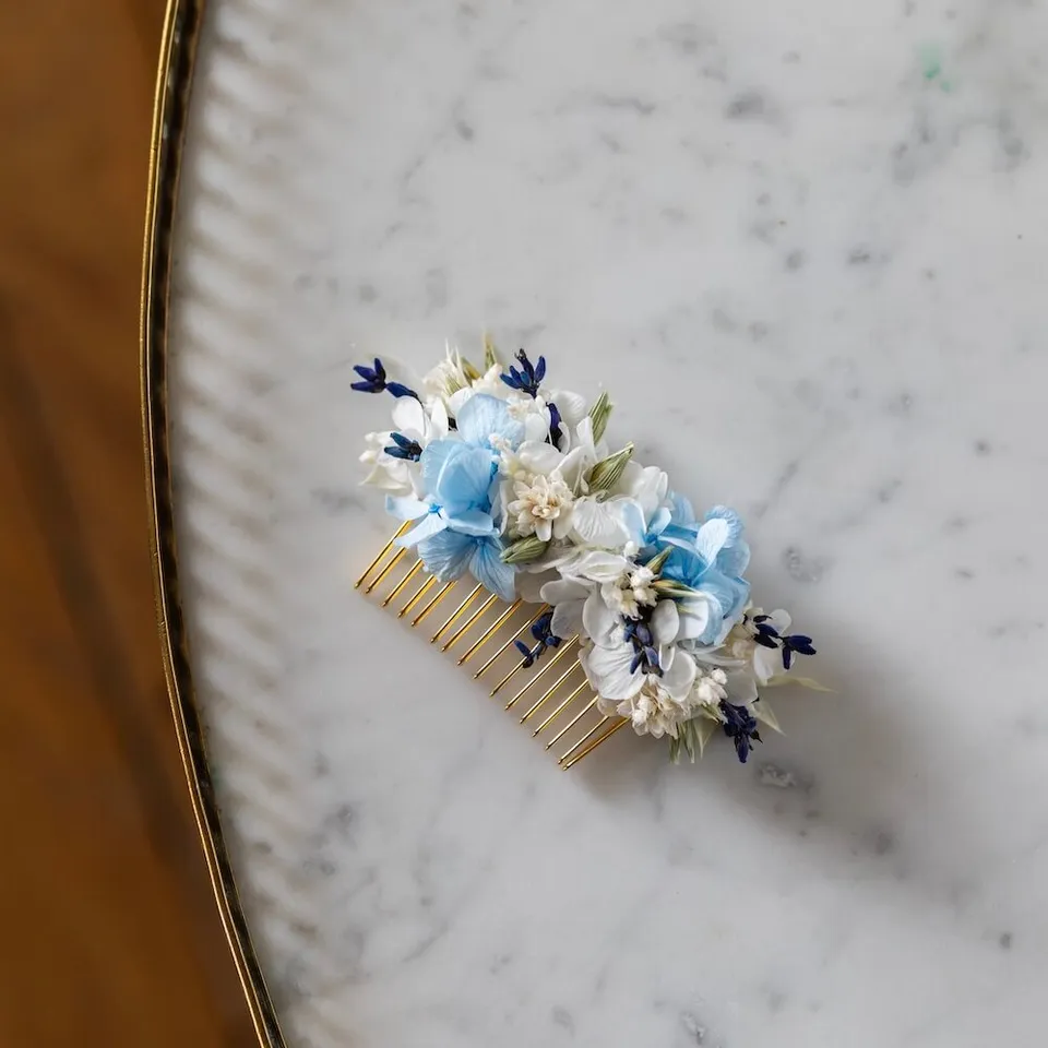 Flowrette Camille peigne mariage fleurs séchées bleu