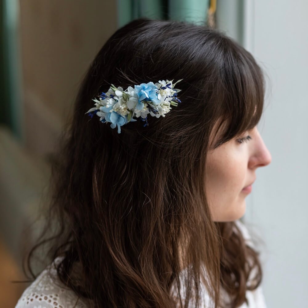 Flowrette Camille peigne mariage fleurs séchées bleu