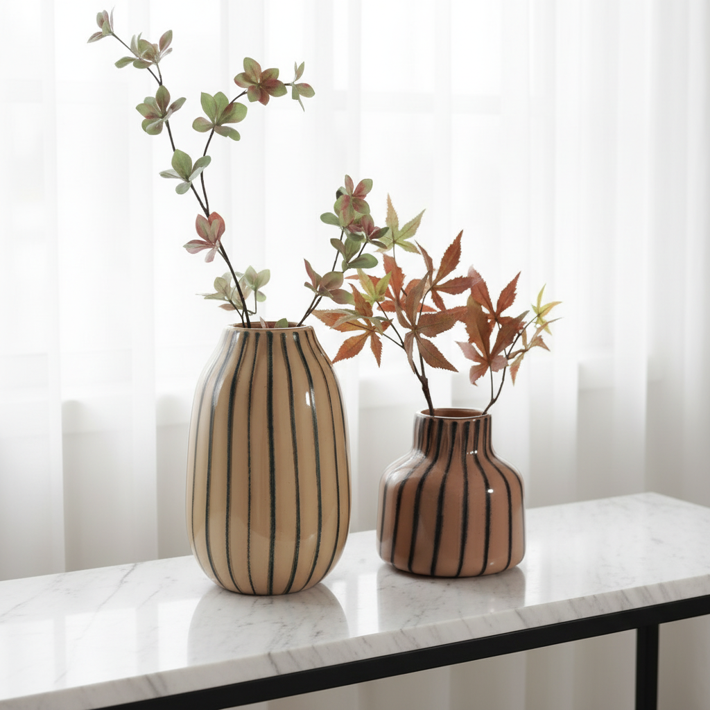 Sia Home Strio 28 cm vase en verre beige lignes vertes
