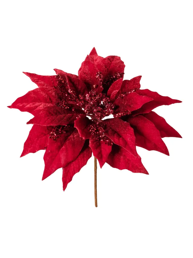 Feuillazur Rungis Poinsettia sur tige fleur artificielle rouge paillettes 20 cm