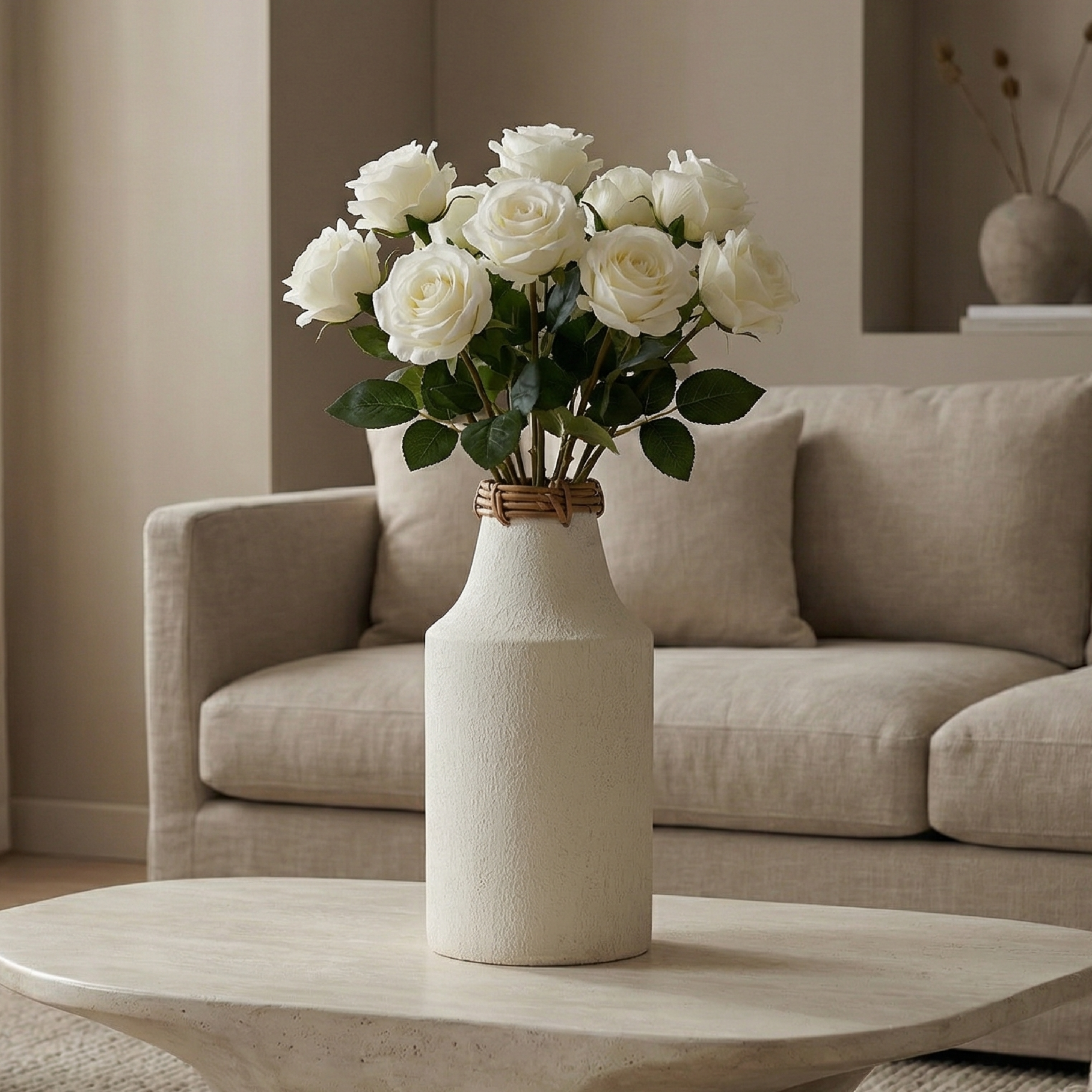 Sia Solea vase métal blanc 32 cm col rotin