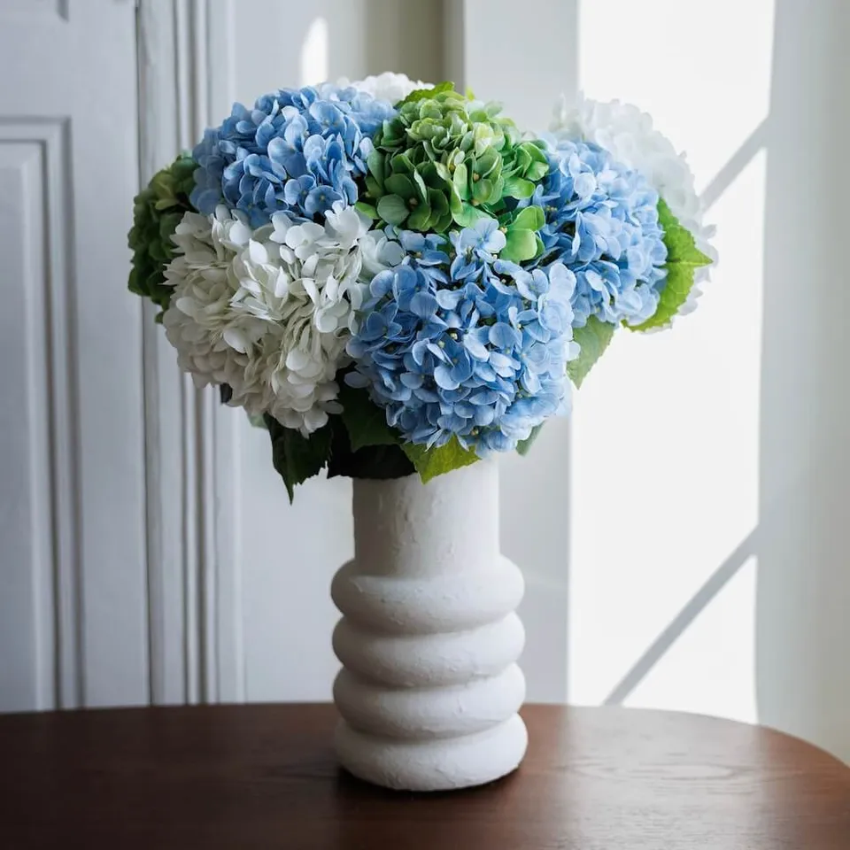 Flowrette hortensias bouquet fleurs artificielles bleu vert blanc