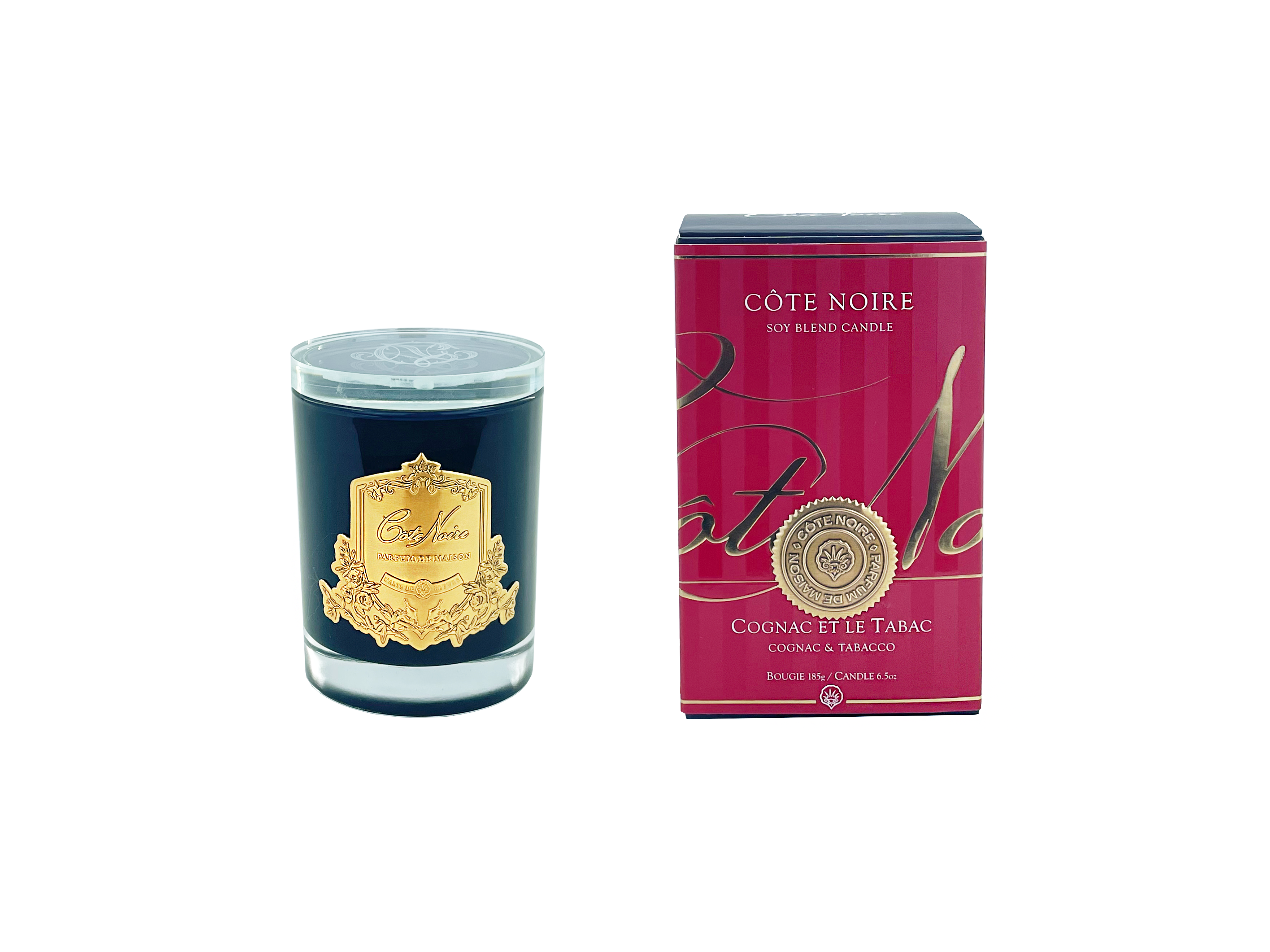Côte Noire bougie cognac tabac cire soja 450g verre noir