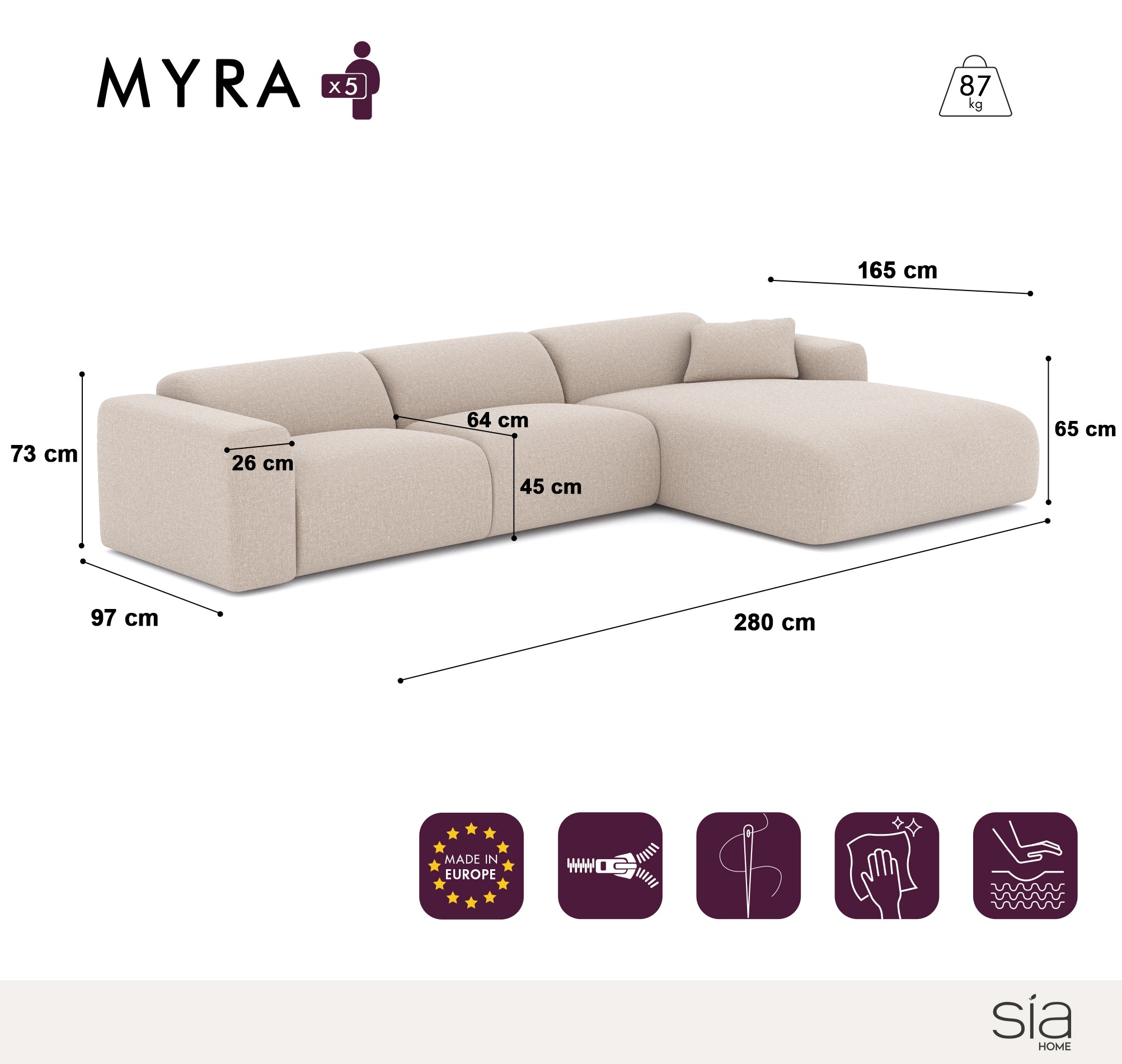 Sia Home Myra canapé angle droit crème tissu