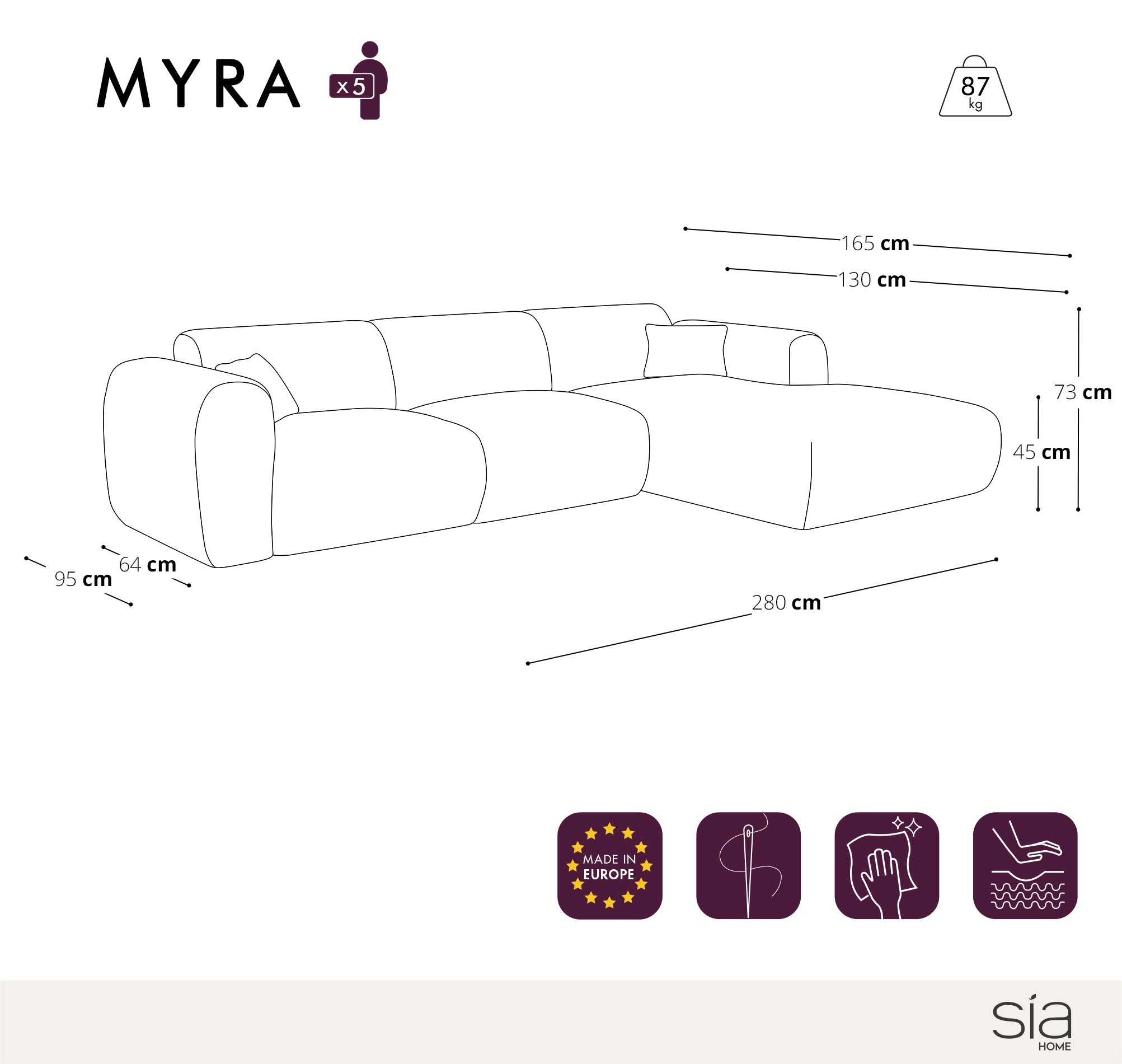 Sia Home Myra canapé d'angle droit beige
