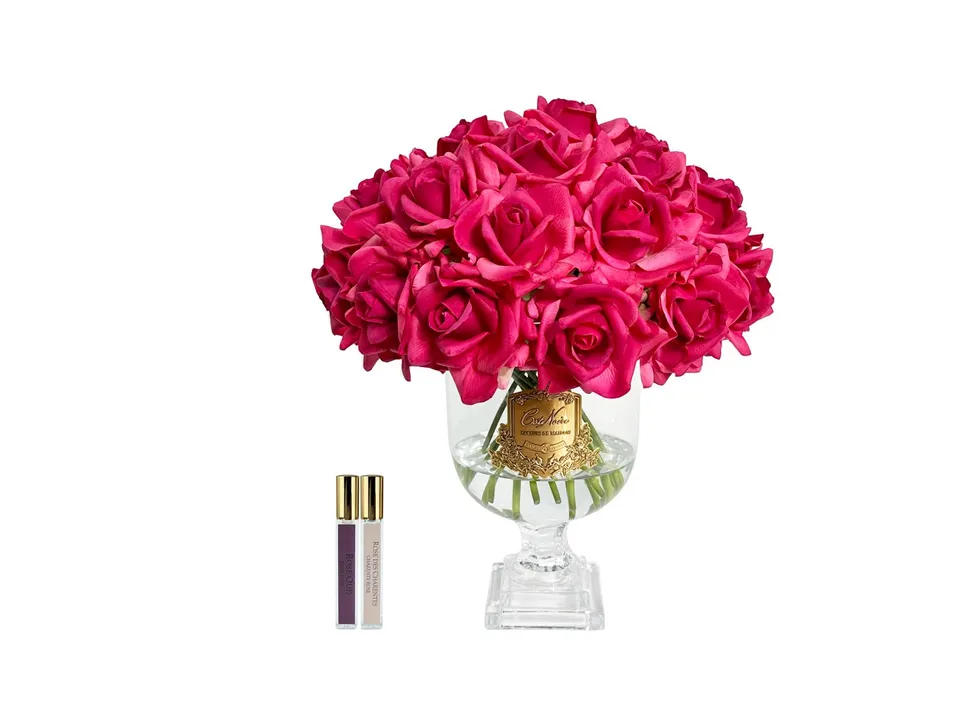 Côte Noire Versailles bouquet 31 roses magenta vase doré