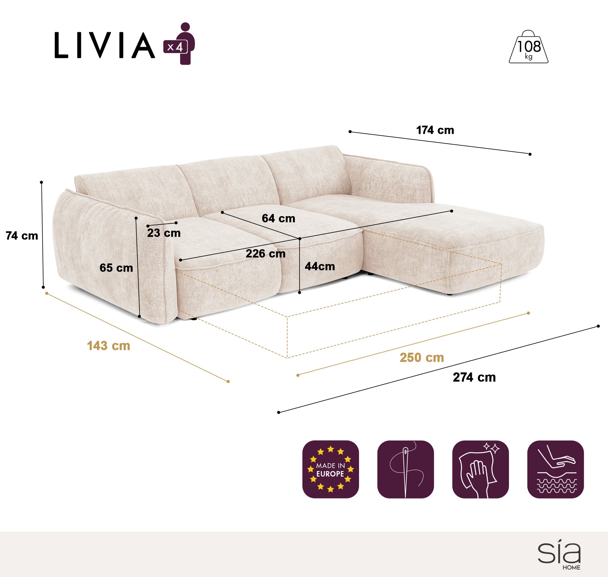 Sia Home Livia canapé angle droit crème convertible